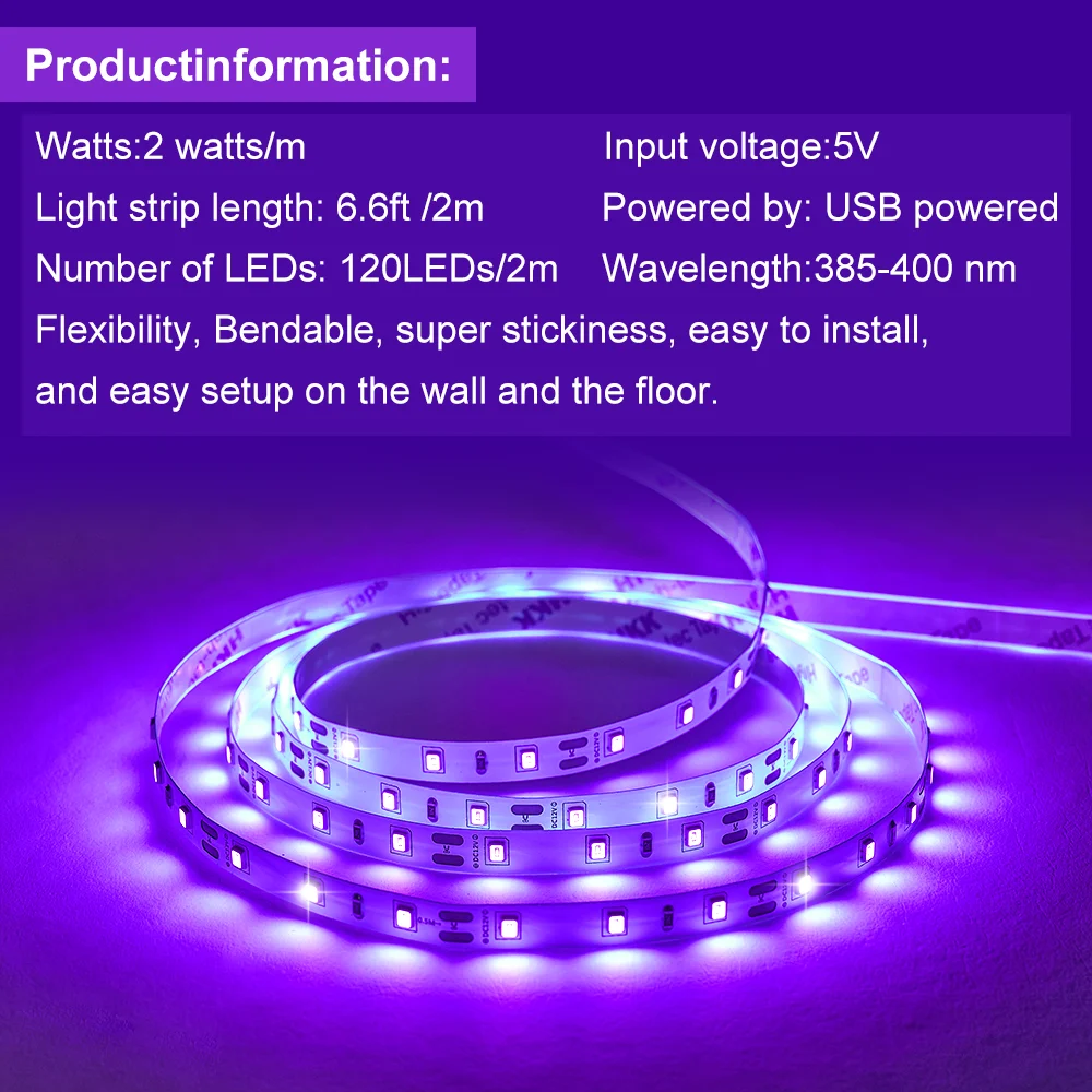 2-10M USB LED Light Strip, LED Black Light 385-400nm UV Light, Cuttable for Christmas Fluorescent Party Neon Room Decor Tapestry