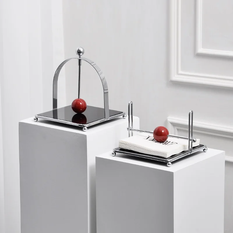 Metal Upright Square Tissue Box with Ball, Hotel Restaurant Decoration Napkin Holder, Wet Wipe Dispenser, Scandinavian Style