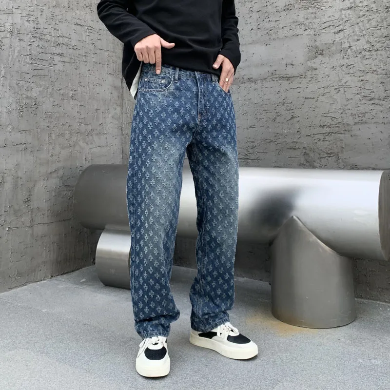 

New Slightly Loose Casual Interior Full Of Printed High-End Pants Trendy Brand Ripped Holes Washed And Worn Denim Jeans For Men