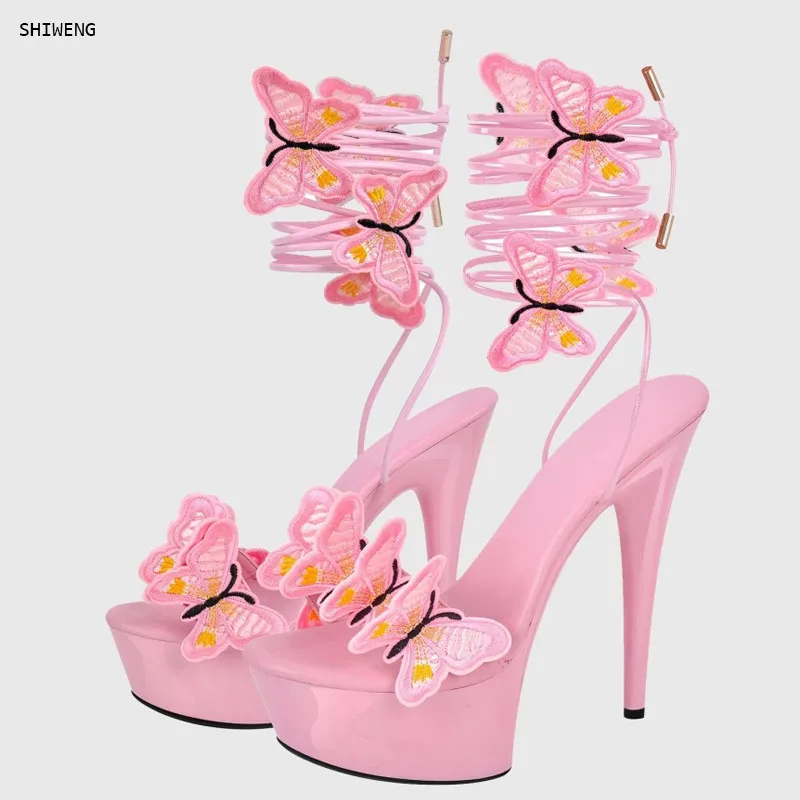 

2026 Summer Women Pink Patent Leather Butterfly Embroidery Platform Stiletto Heel Sandals, Wrap Around Lace Up Open Toe Heels