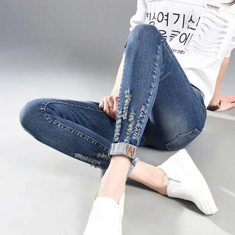 New 2025 Spring High-waisted Jeans Women's Elastic Pencil Pants Slim-fitting Embroidered Ripped Cotton Small-footed Trousers