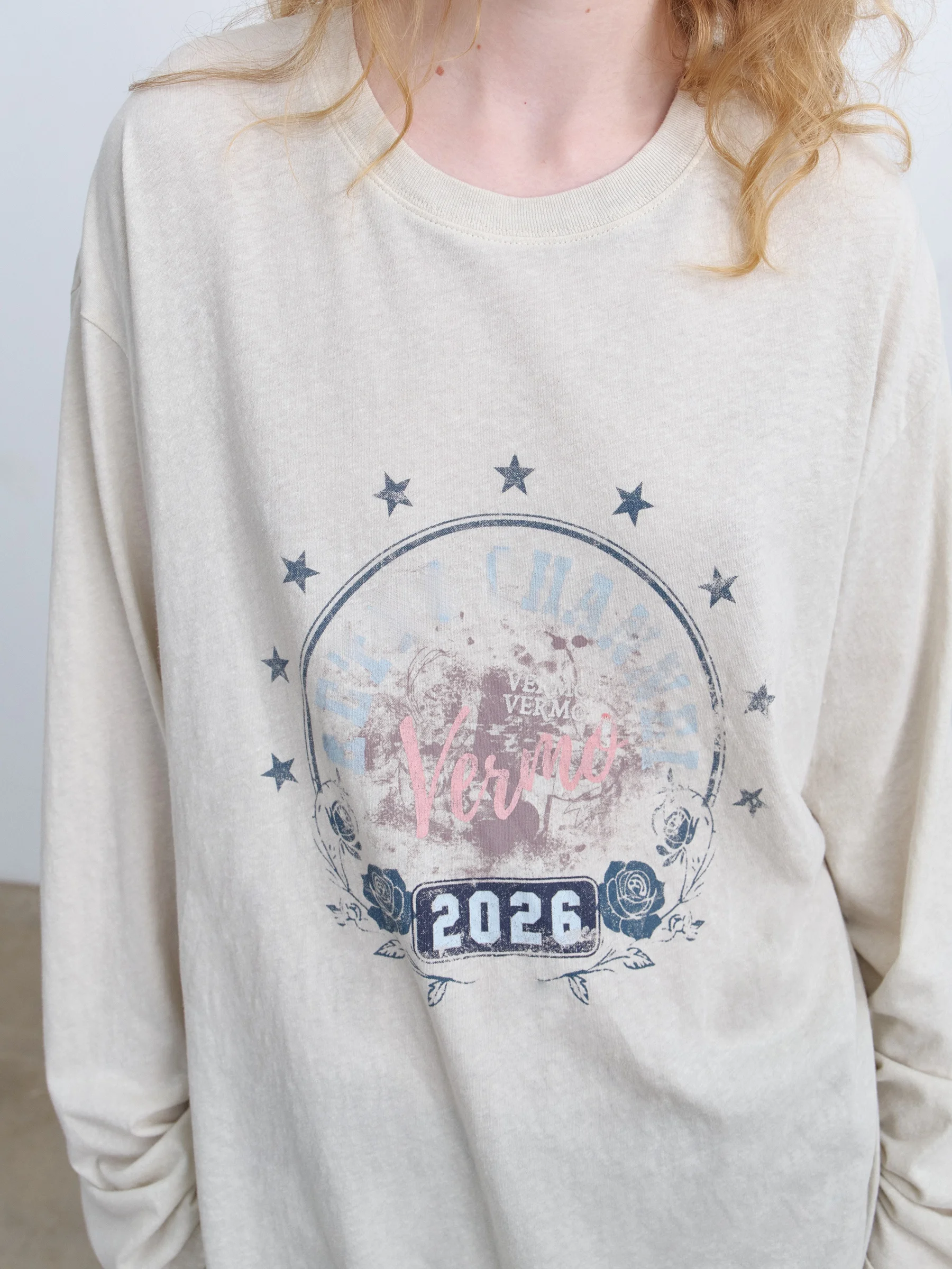 VERMO Comfortable Ripped Retro Letter Rose Print Lightweight Cotton Casual Long Sleeve T-Shirt Unisex Spring Fashion Neutral ...