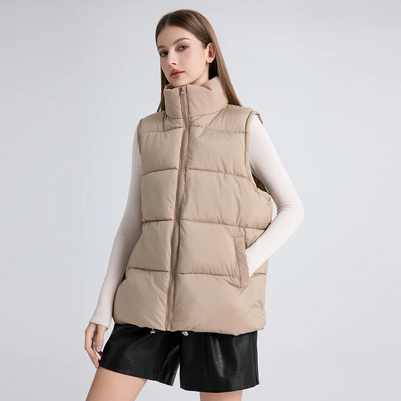 Winter Puffer Vest Women Solid Sleeveless Jacket Cotton Padded Stand Collar Parka Coat