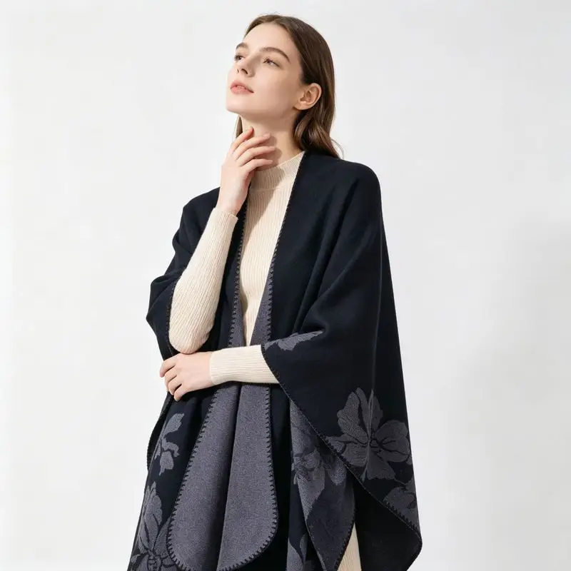 Vintage reversible cape shawl women, perfect for autumn and winter, can be worn as an outer layer or a travel scarf