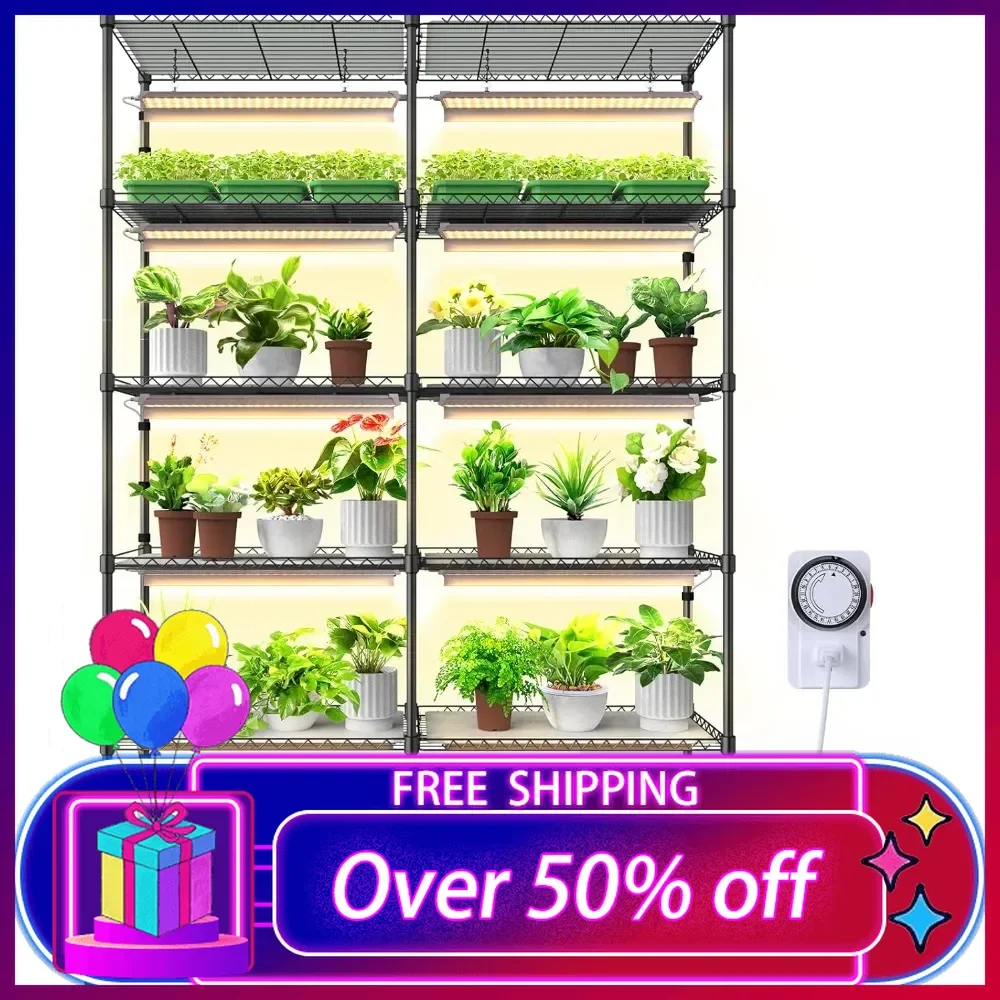 

Plant Stand with Grow Lights for Indoor Plants, 6-Tier Tall Metal Plant Shelf with 10Pcs 1.6FT 20W Full Spectrum Plant Lights