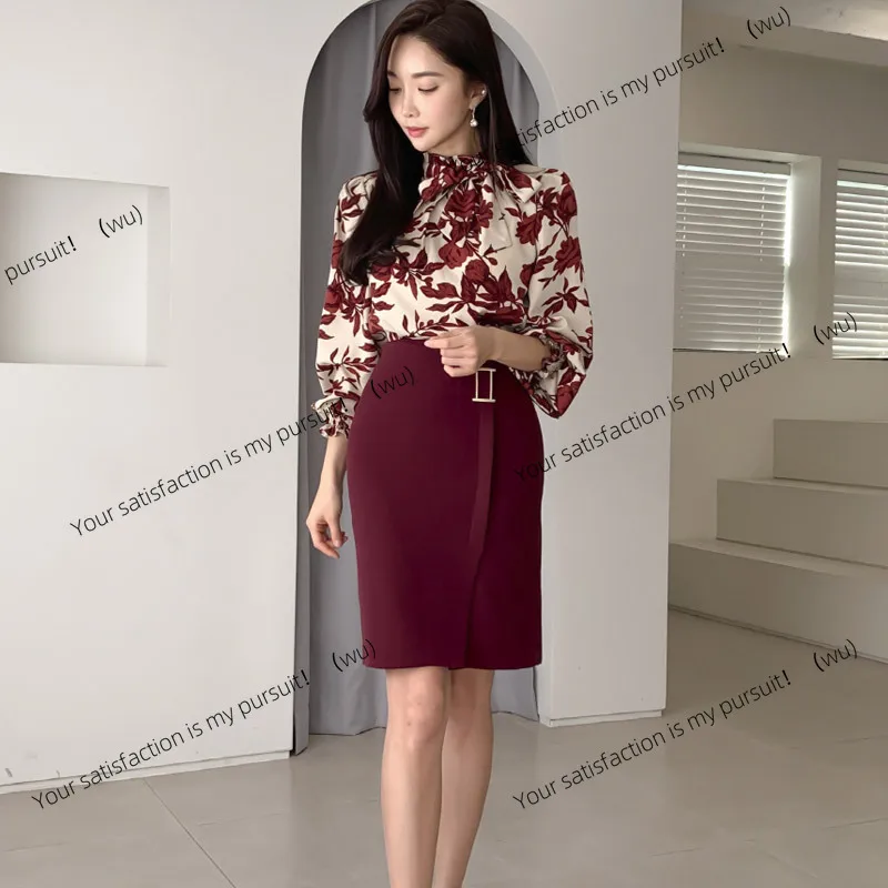 ZOCI-الخريف والشتاء، أكمام فانوس مزاجية مطبوعة، تنورة ملفوفة عالية الخصر، طقم مكون من قطعتين للسيدات #4