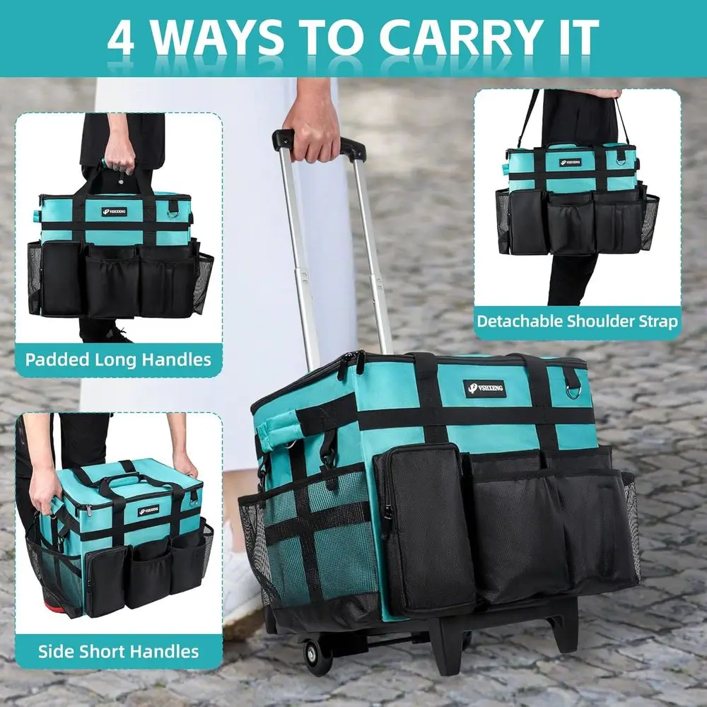 Large Detachable Trolley Cleaning Cart with Shoulder Strap Bags for Housekeepers, Multi-Pocket Storage, Amber Green