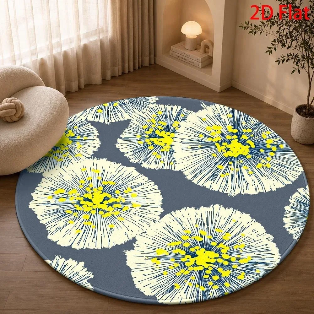 Modern Botanical Round Carpet Denim‑Blue Large Dandelion Floral Burst Textured Print Circular Floor Rug for Living Room Bedroom