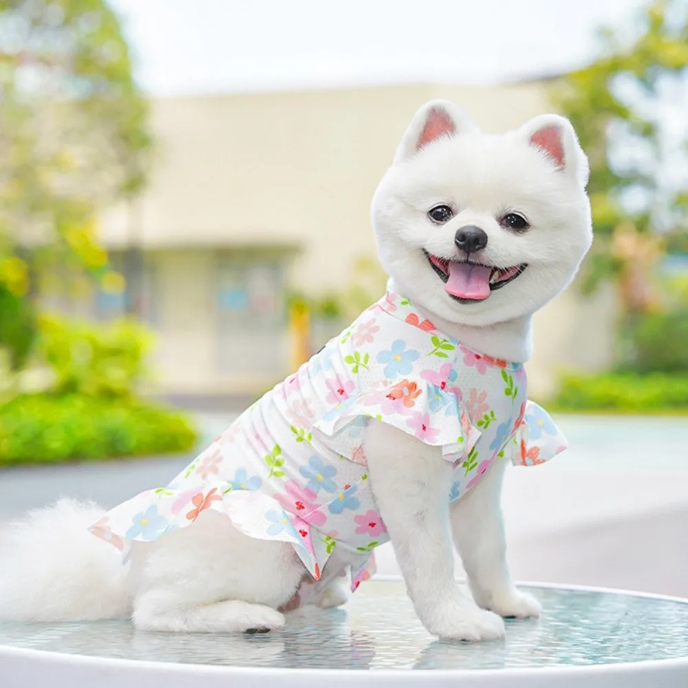 

Breathable Dog Floral Skirt Flower Pattern Adjustable Pet Flying Sleeve Skirt Towable Soft Ice Silk Dog Clothes