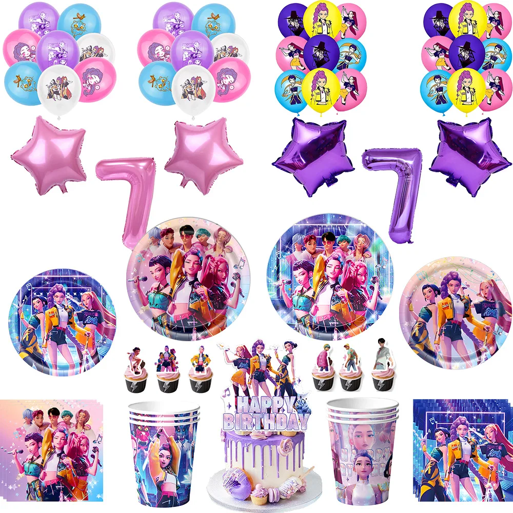 

Kpop Demon Hunters Birthday Decoration Balloon Cosplay Anime Disposable Party Plates Cake Decoration Baby Shower Party Supplies