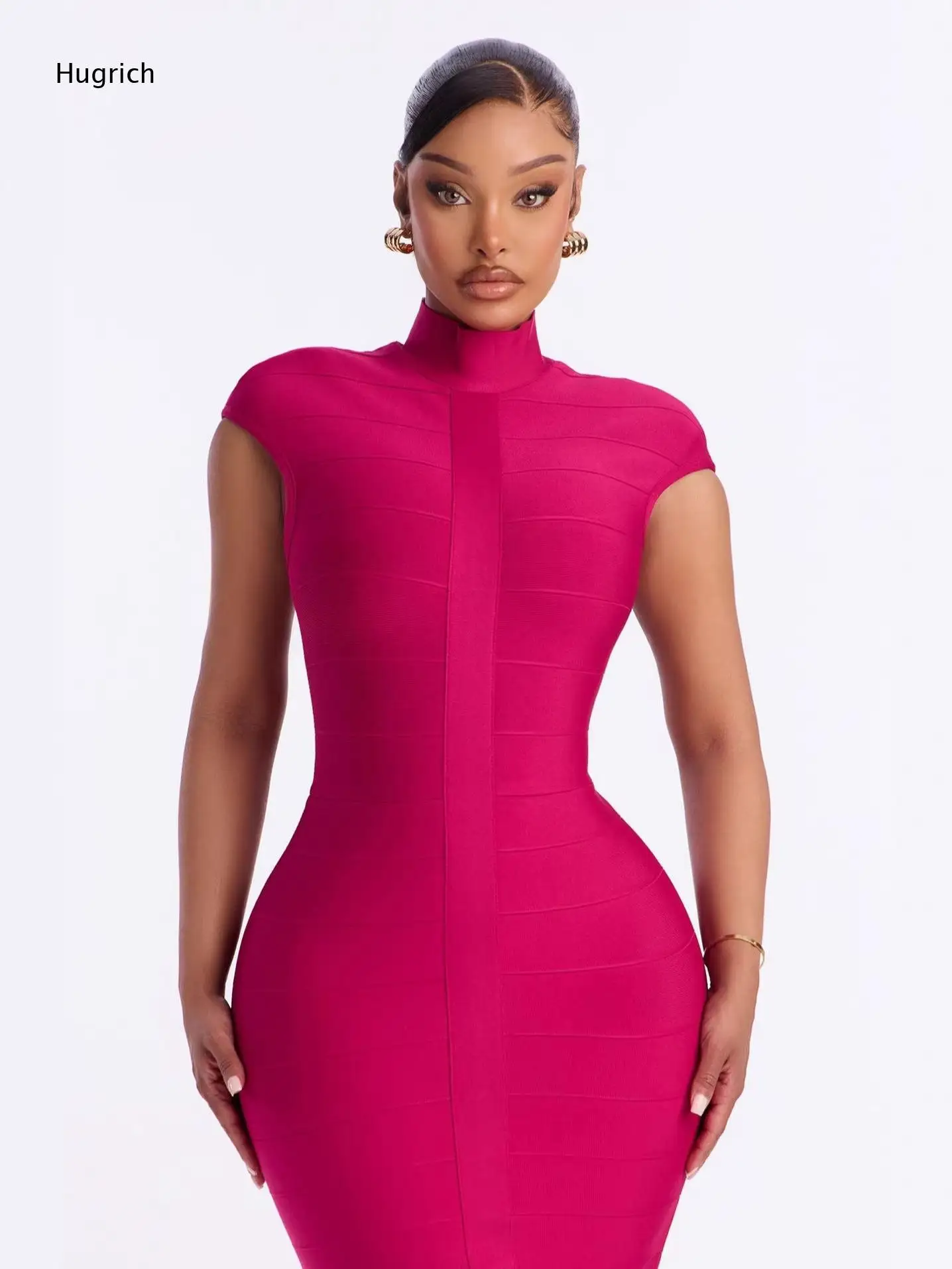Solides Bandage-Bodycon-Kleid für Damen, hoher Ausschnitt, Flügelärmel, schmale Passform, formelles Kleid für besondere Anlässe