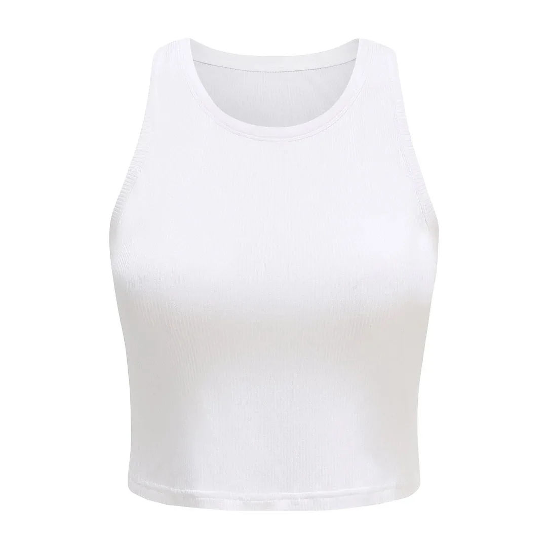 Camiseta sin mangas con espalda de nadador para mujer, Top corto elástico de punto acanalado sin mangas con cuello alto y espalda cruzada, ropa básica de verano