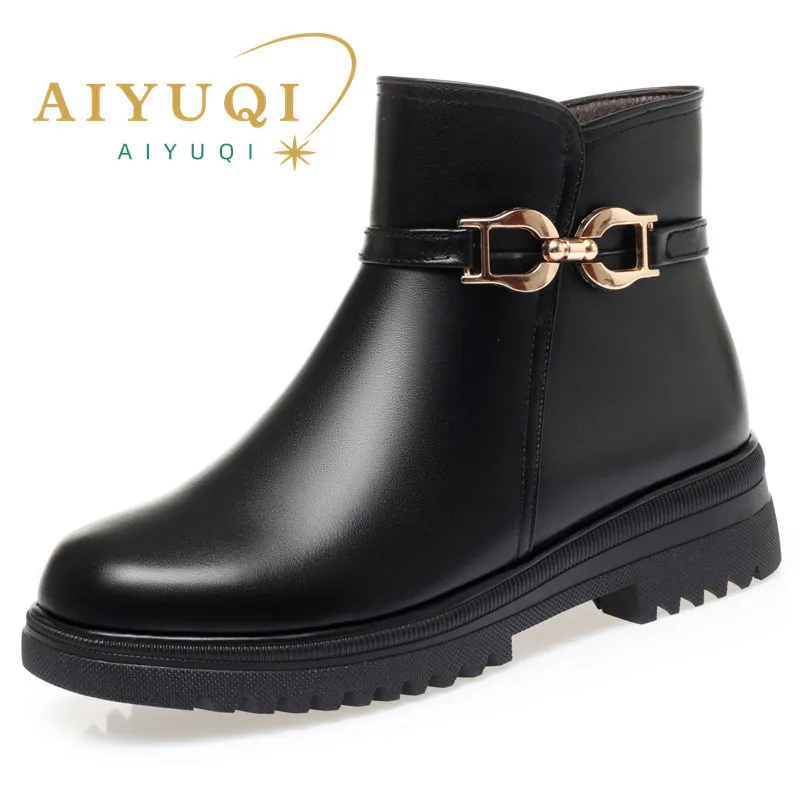 AIYUQI  Women's Winter Shoes Boots Non-slip Large Size 41 42 43 Women's Snow Boots Genuine Leather Warm Wool Mother Boots Women