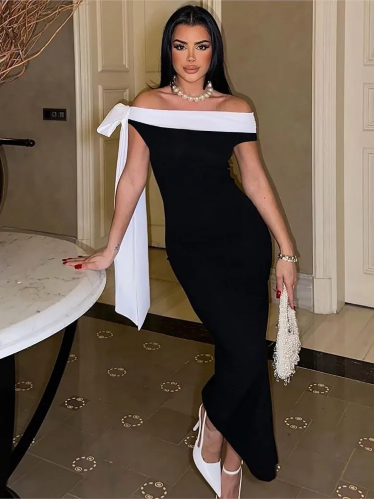

2025 Ribbon Dress French Party Dresses Retro Vestidos Temperament Off Shoulder Bodycon Package Hip Banquet Bowknot One Line Neck