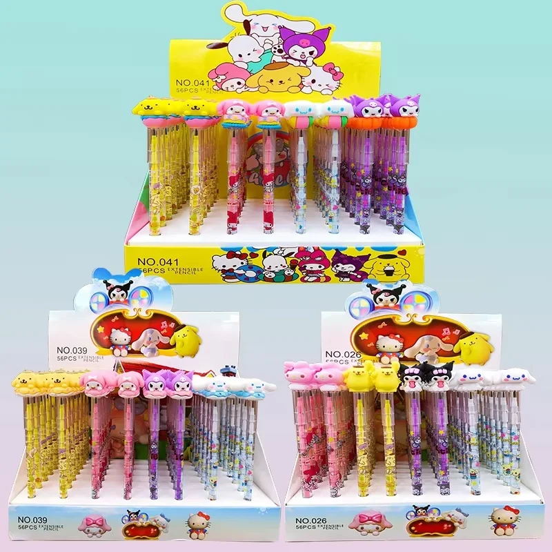 56pcs Sanrio Mechanical Pencil Hello Kitty Cinnamoroll Student Silicone Tips Writing Pencil School Supplies Stationery Wholesale