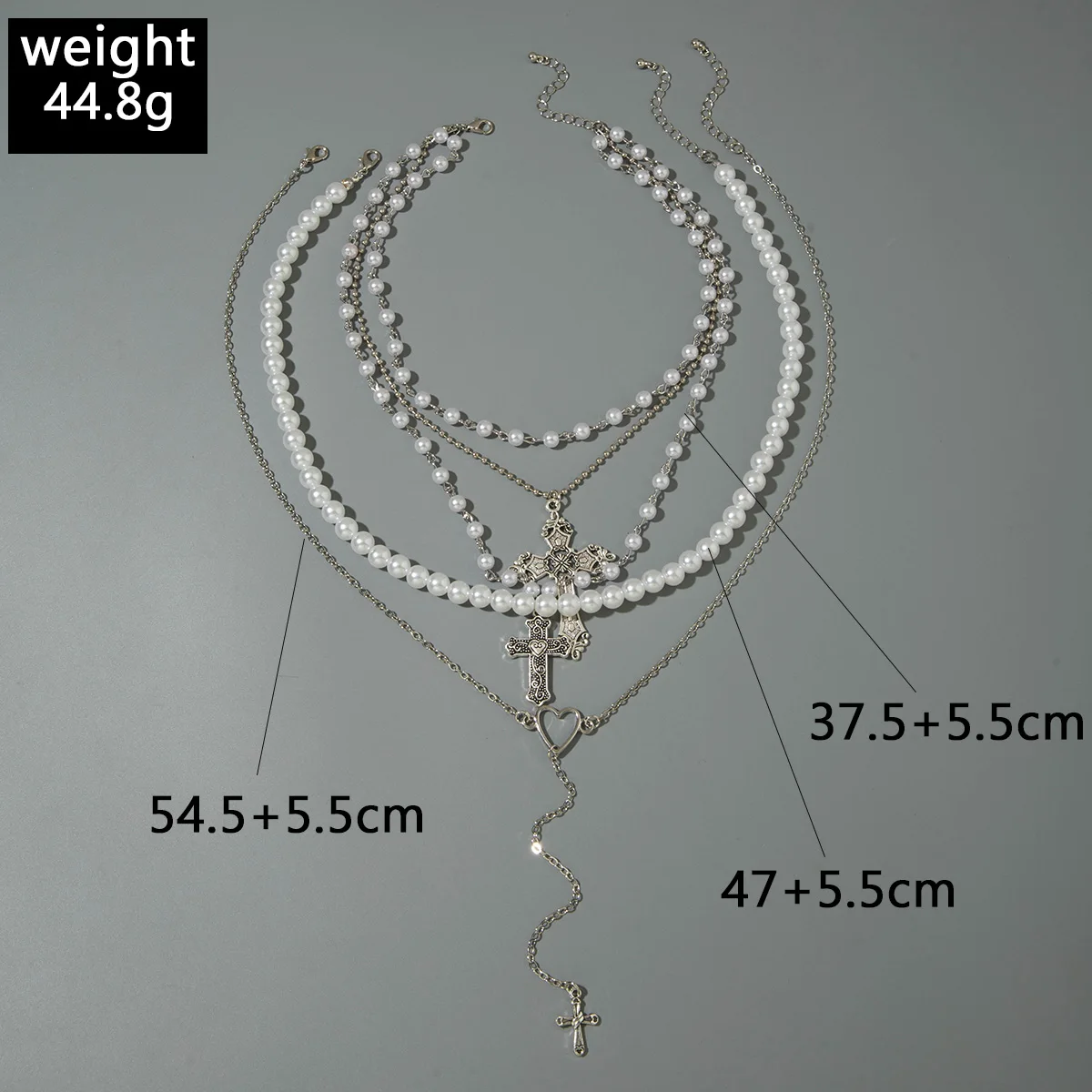 Docona Vintage Multi‑layer Stacked Imitation Pearl Cross Heart Pendant Necklace Women Personality Party Jewelry Accessories