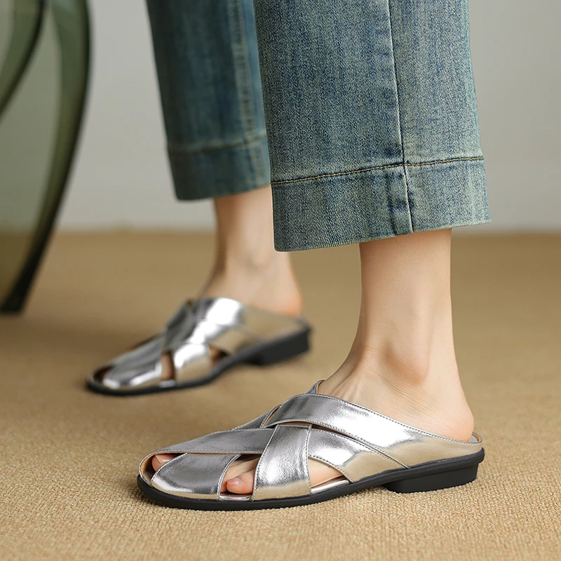 

Genuine Leather Women's Sandals, Low heel Narrow Band Braided Slip-On Summer Slippers,Casual Gladiator Women Shoes