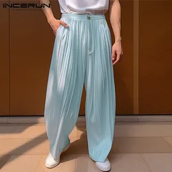 Men Pants Solid Color Button Joggers Loose Pleated Streetwear Casual Straight Trousers Men 2024 Fashion Long Pants S-5XL INCERUN