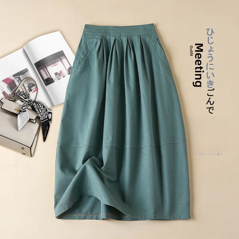 

Retro Japanese Sle Linen ter Ne Long Skirt Women's Casual Design Sensation Lantern Flower Bud Skirt Commute Pure Color