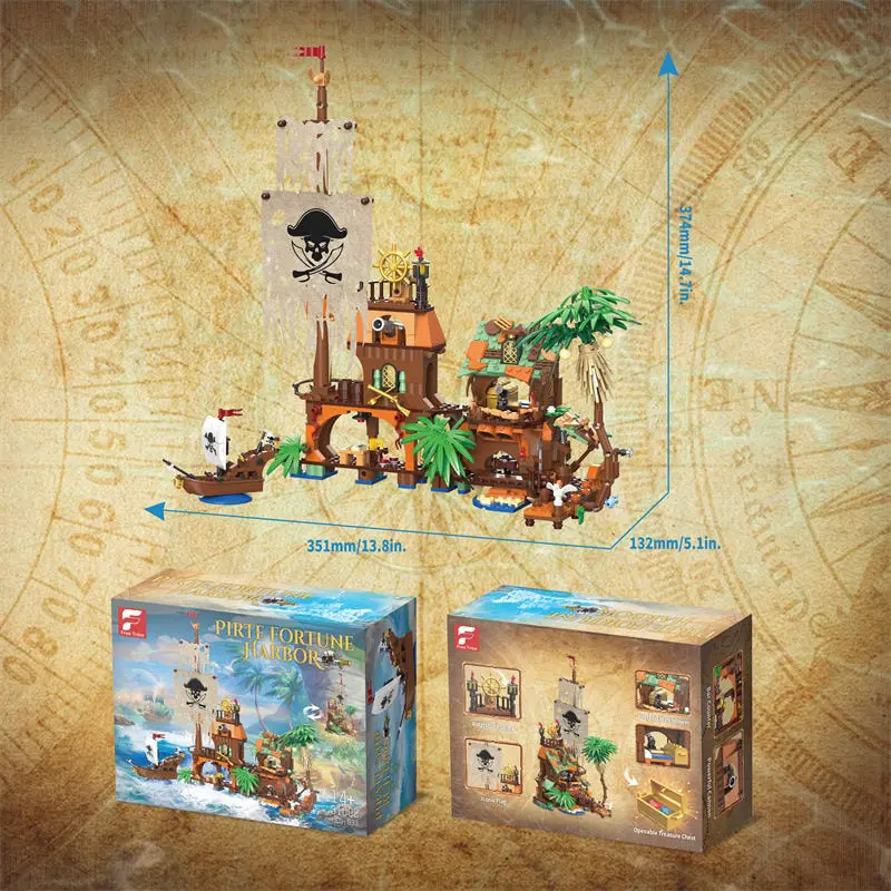 2in1 Creative Pirate Island Fortress Castle Building Blocks  Adventure Ship Log Cabin Model Boat Micro Brick Toys Kid Adult Gift