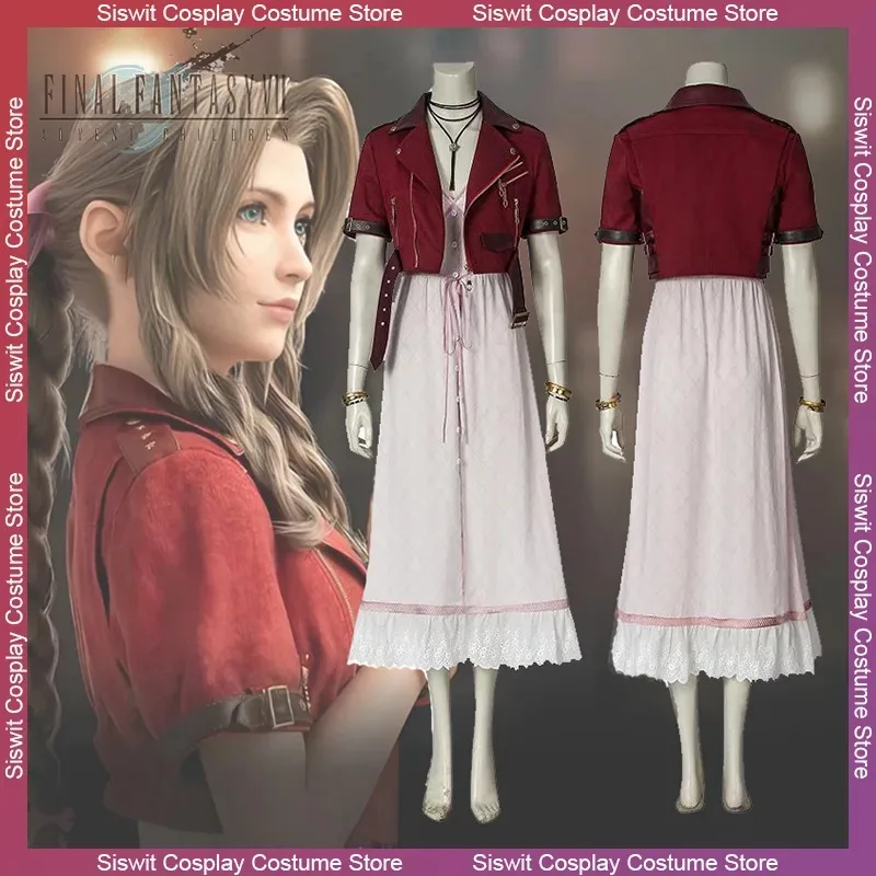 Game Final Fantasy VII Aerith Cosplay Costume Long Dress Coat Decorative Accessories Full Set Activity Party Carnival Dress Up