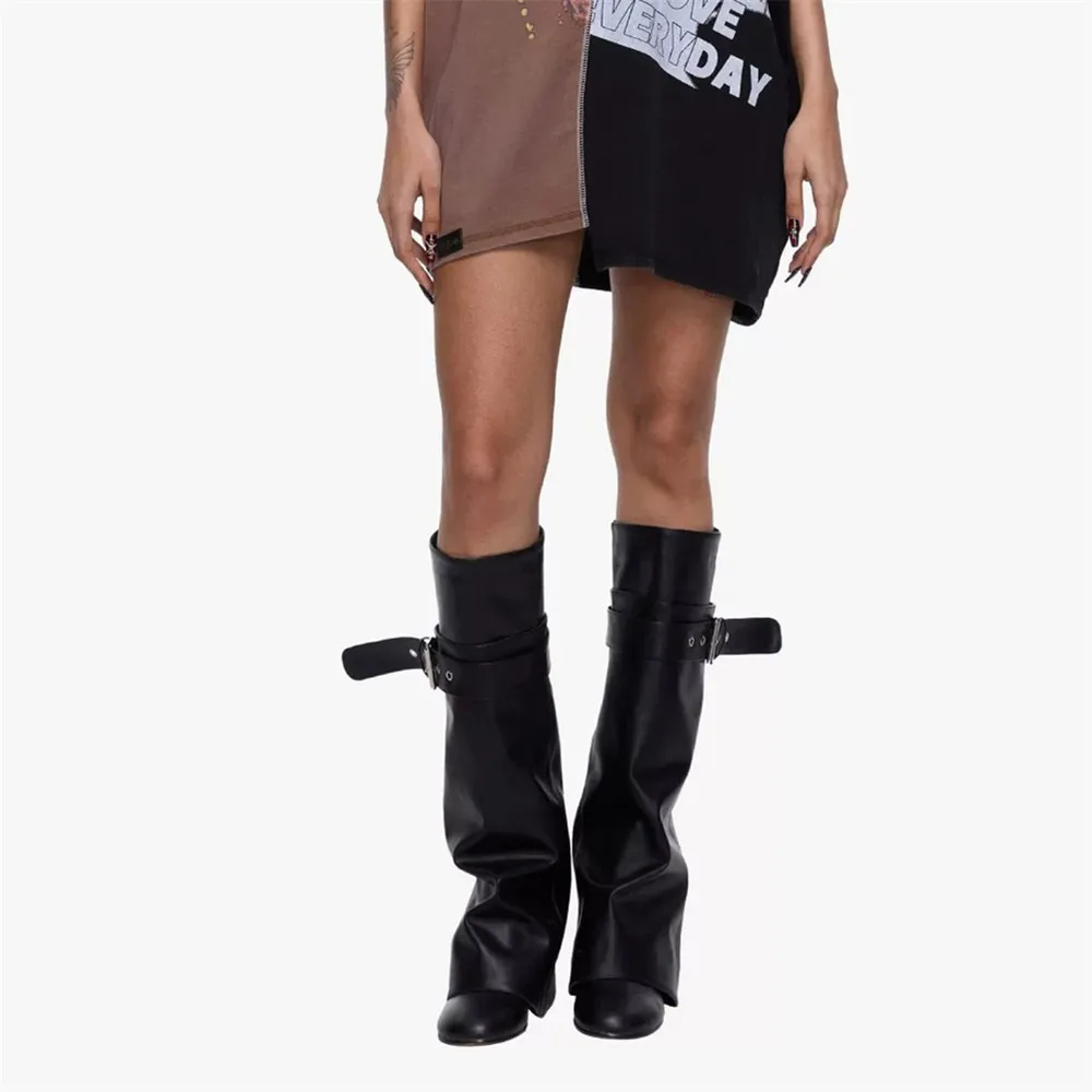 Women Buckle Strap Slouch Knee High Boots Faux Leather Round Toe High Heel Fold Over Long Boots Fashion Botas Mujer - view 5