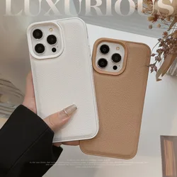 White Brown Litchi Grain Solid Color Matte Cover Case for iPhone 12 13 14 15 16 17 Pro Max Faux Leather Shockproof Phone Case