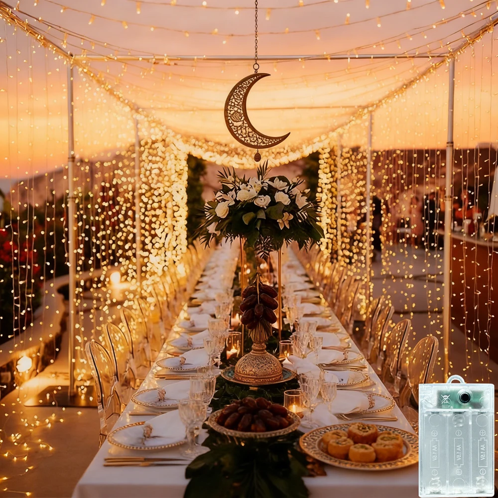 Outdoor Festoon LED Curtain Light String Wedding Eid Muslim Ramadan Room Decorations Battery Power EID Mubarak Mother Day
