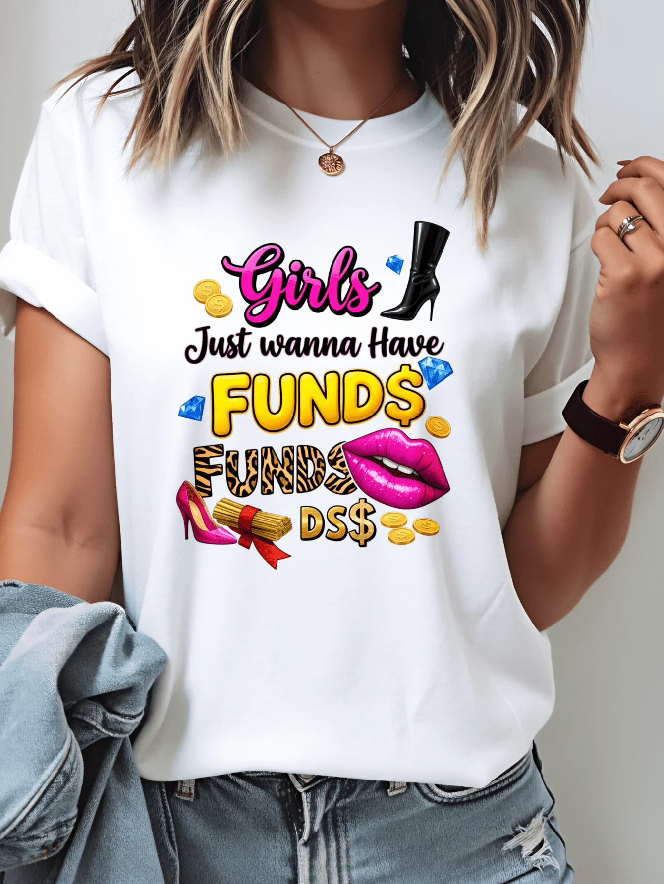 Women's "Just Wanna Make Money" Slogan T-Shirt - Full Print of Money and Lips, Short-Sleeved Round-Neck Casual T-Shirt, Suitable for Everyday Wear, Parties, and Year-Round Wear, Machine Washable, No Specific Style