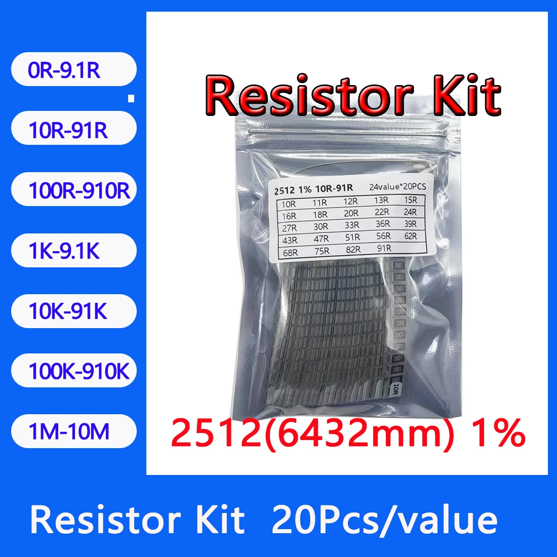 Resistor kit 2512 6432mm smd Resistor package 24values*20PCS=480PCS 1% Sample Kit Resisor