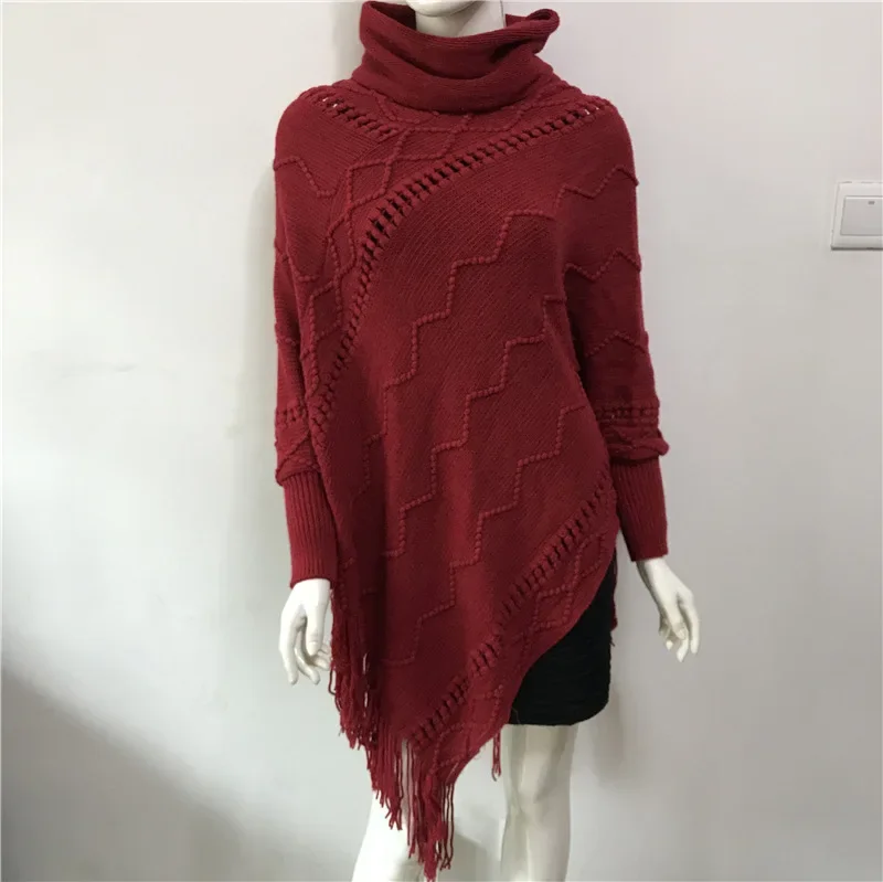 Spring Autumn New Imitation Cashmere Tassel Sweater Women's High Neck Warm Sleeve Pullover Cloak Lady Sunscreen Red