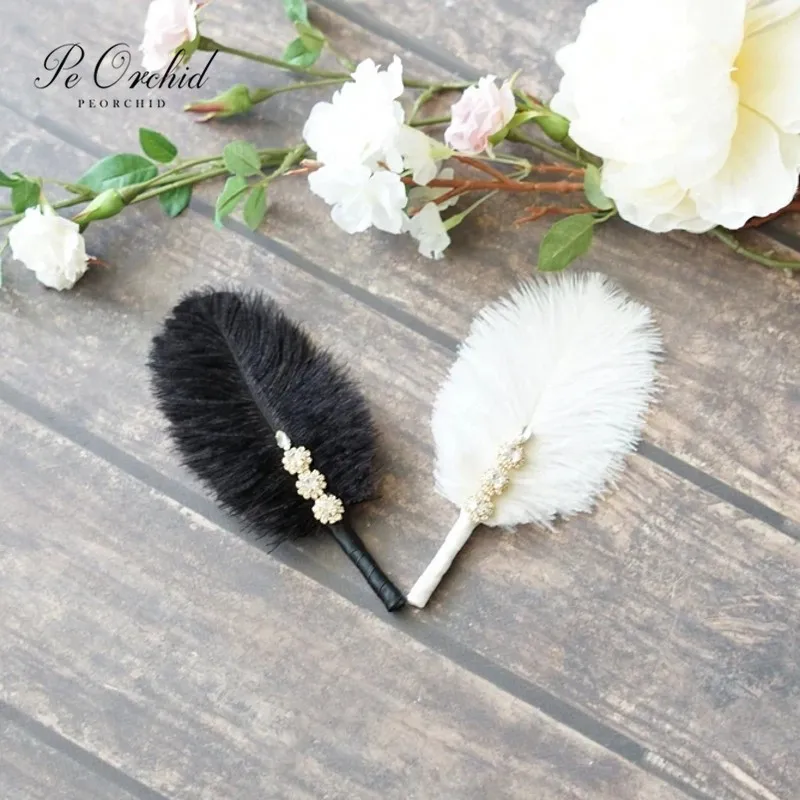 Peorchid Broches Feather Bruidegom Boutonnières Bruiloft Bloemen Pocket Knoopsgat Pin Bruidsjonkers Corsage Party Accessoires Voor Gast