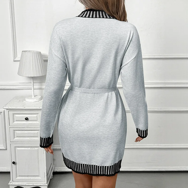 Vestido suéter con cordones de manga larga, tejido informal, a rayas, decorativo, con cuello medio alto, contraste, otoño e invierno