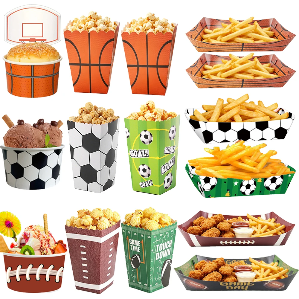 Juego de 12 Cajas de Palomitas de Maíz con Temática Deportiva de Baloncesto, Fútbol y Rugby, Bandejas para Aperitivos, Tazones de Papel, Suministros para Fiestas Deportivas de Cumpleaños Infantiles