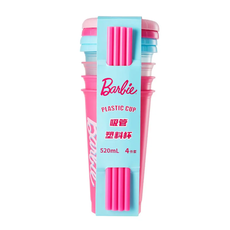 Barbie Series Plastic Cup 65Th Anniversary Sunshine Shining Series Plastic Straw Cup 520ML 4Pcs Water Cup Set Girl Party Gift