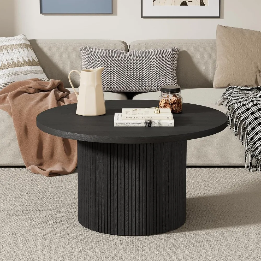 Round Coffee Table, 35.4 Circle Wide Coffee Table, Wood Table and Center Table for Living Room, Black