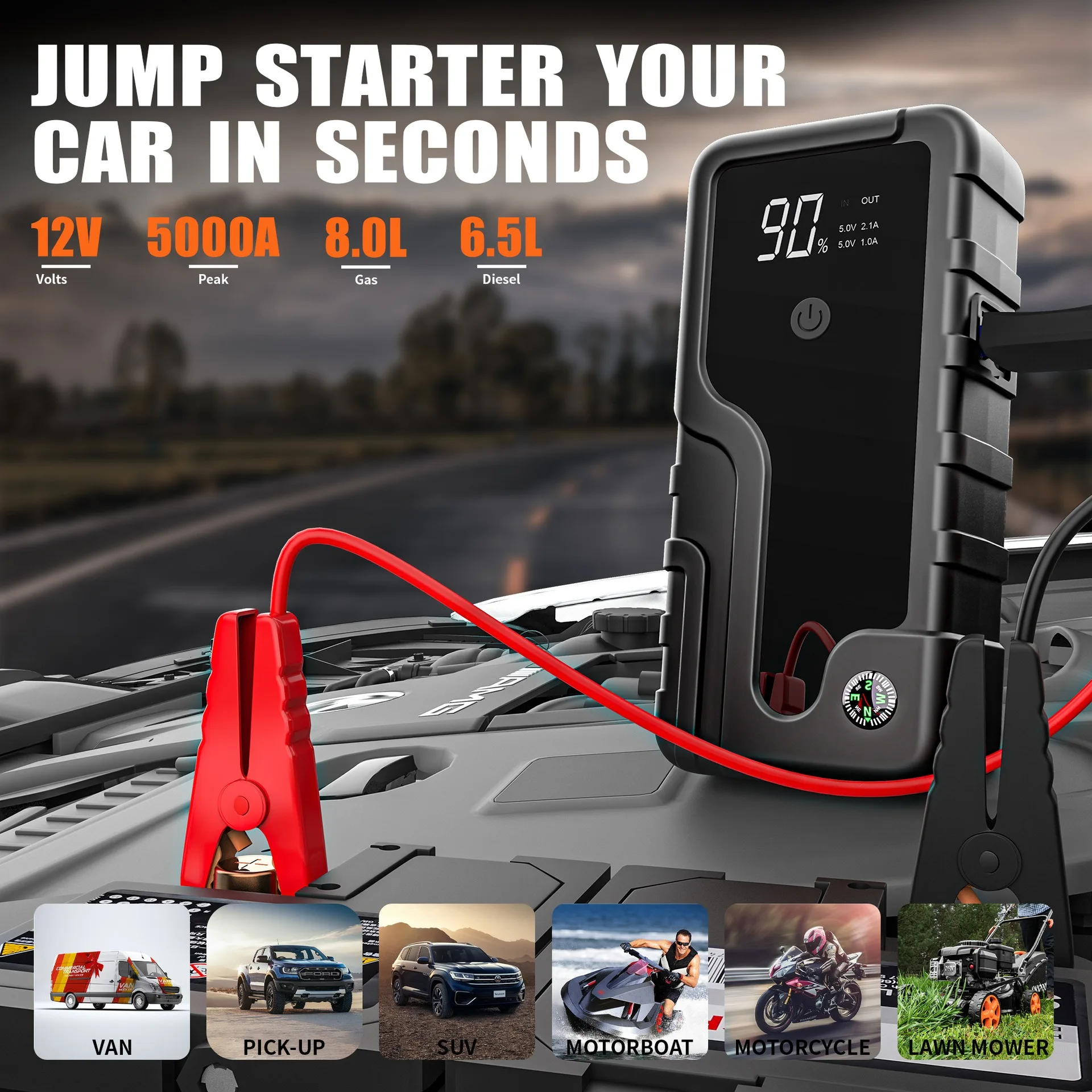 Portable Car Jump Starter 5000A, Air Compressor & QC3.0 Fast Charger, LED Emergency Light for Truck Van Motorcycle.