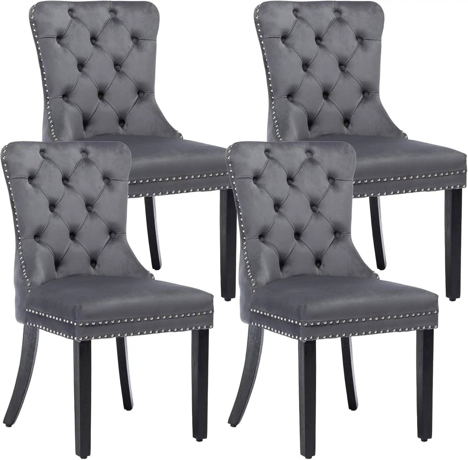 Grey,Velvet Dining Chairs Set of 4, Upholstered High-end Tufted Dining Room Chair with Nailhead Back Ring Pull Trim Solid Wood L