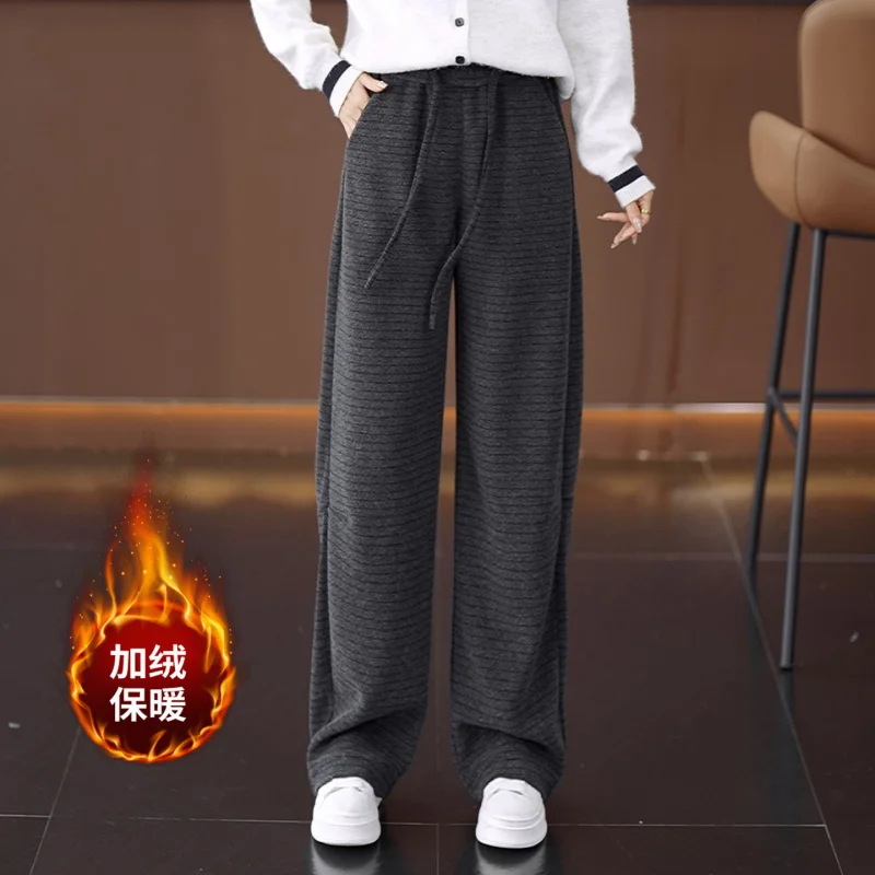 

Striped Fleece-Lined Warm Scimitar Pants for Women Winter High-Waisted Slimming Casual Pants