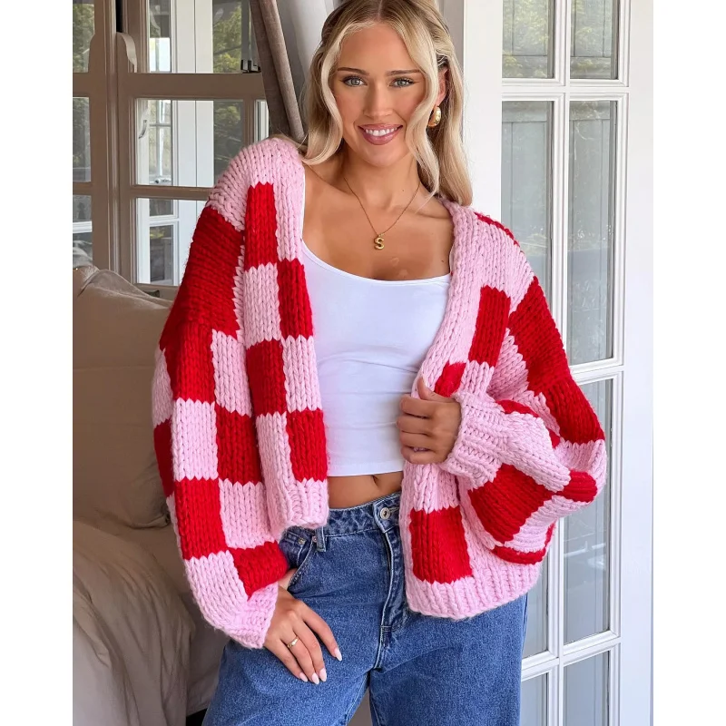 

Autumn Winter Casual Loose Plaid Color-Block Thick Knit Cardigan Cute Knitted Sweater Coat Women