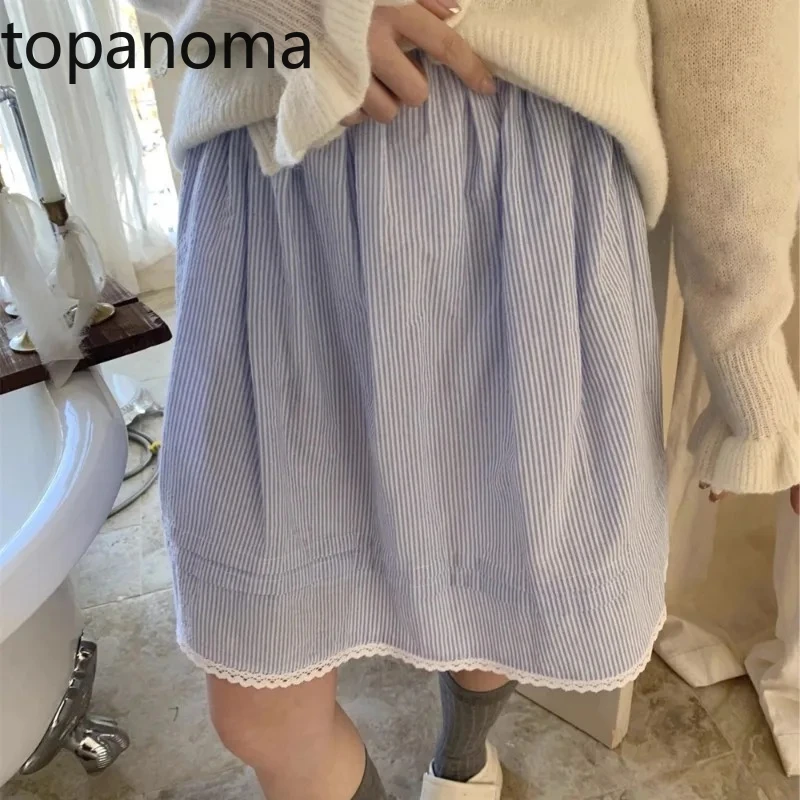 

Topanoma Striped Skirts Women High Waist Lace Patchwork Summer Fashion 2025 Sweet French Style Chic Mini Skirt Female Casual