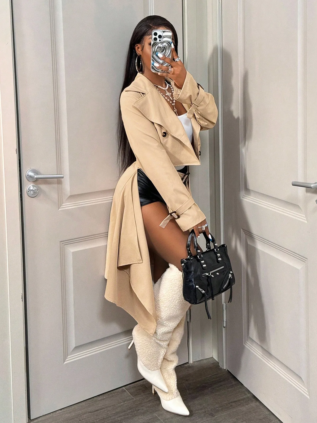 

Women's Asymmetrical Hem Double-Breasted Trench Coat with Tie Waist, Casual Spring Autumn Style