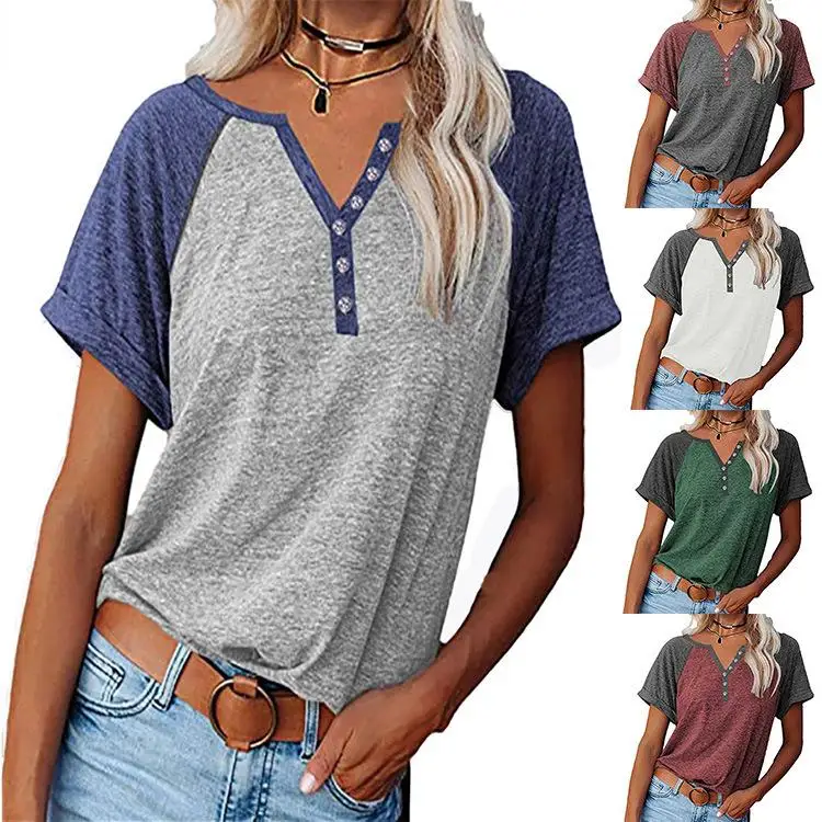 Women's Color Blo T-irt Collar Decoration ort Sve Loose Fit Polyester Casual Top Summer Faion Ladies' Tee