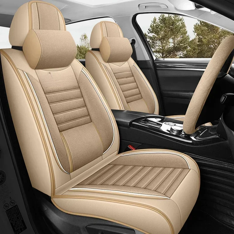 4 Pc Luxury Universal Full Set PU PVC Leather Breathable Cotton Linen Car Seat Cover