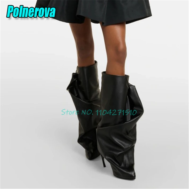 Elegant Women Black Bow Knee High Boots Fashion Pleated Leather Strange Heels Long Boots Pointed Toe High Heels Sleeve Boots view 5