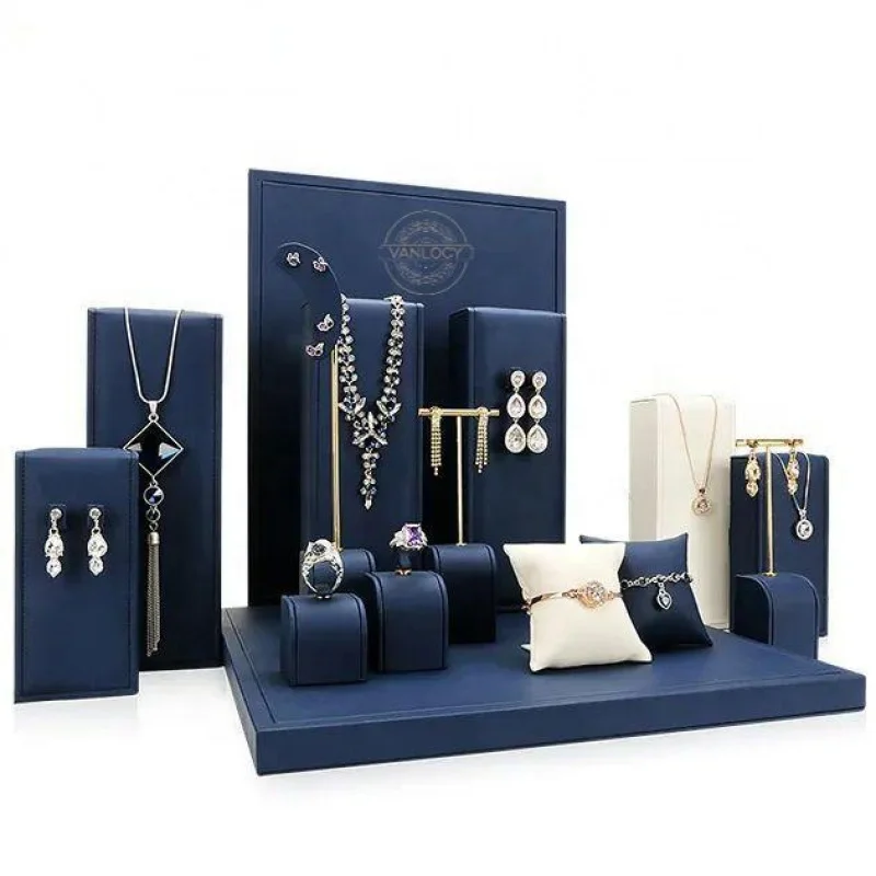 Sitte. Vanlocy Mode maßge schneiderte Lammfell Leder blau Schmuck Display Requisiten Set Schmuck Display Stand