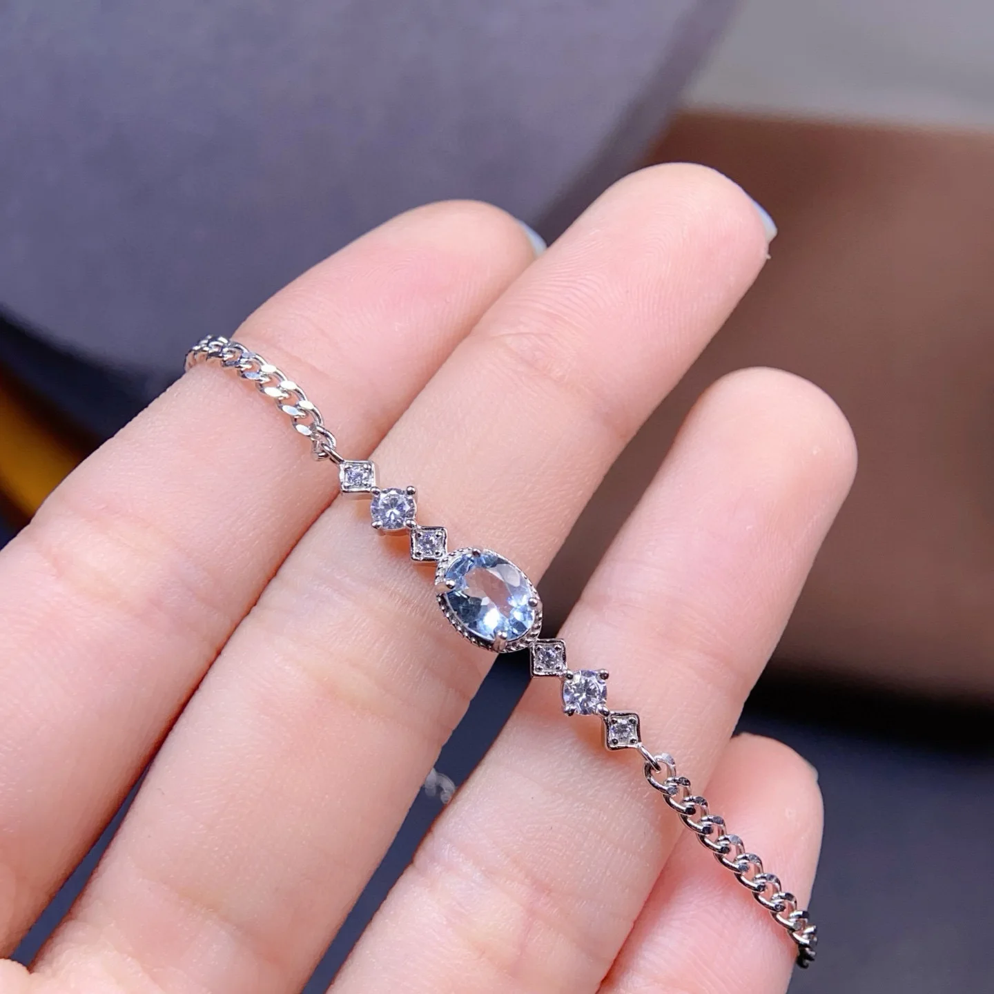 

Natural Aquamarine Bracelet S925 Inlaid Sapphire 5x7mm Clean Crystal Gemstone Courage Healing Chakra Jewelry Gift for Women