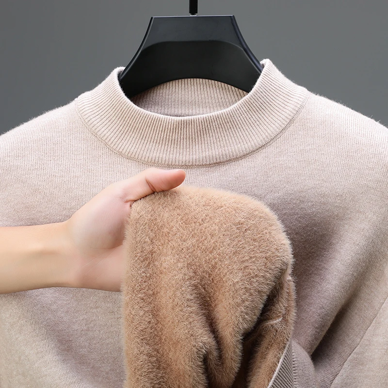 

Men's Warm Knitted Sweater with Velvet Winter Thickened Solid Color Knitted Sweater Half High Collar Integrated Velvet Base