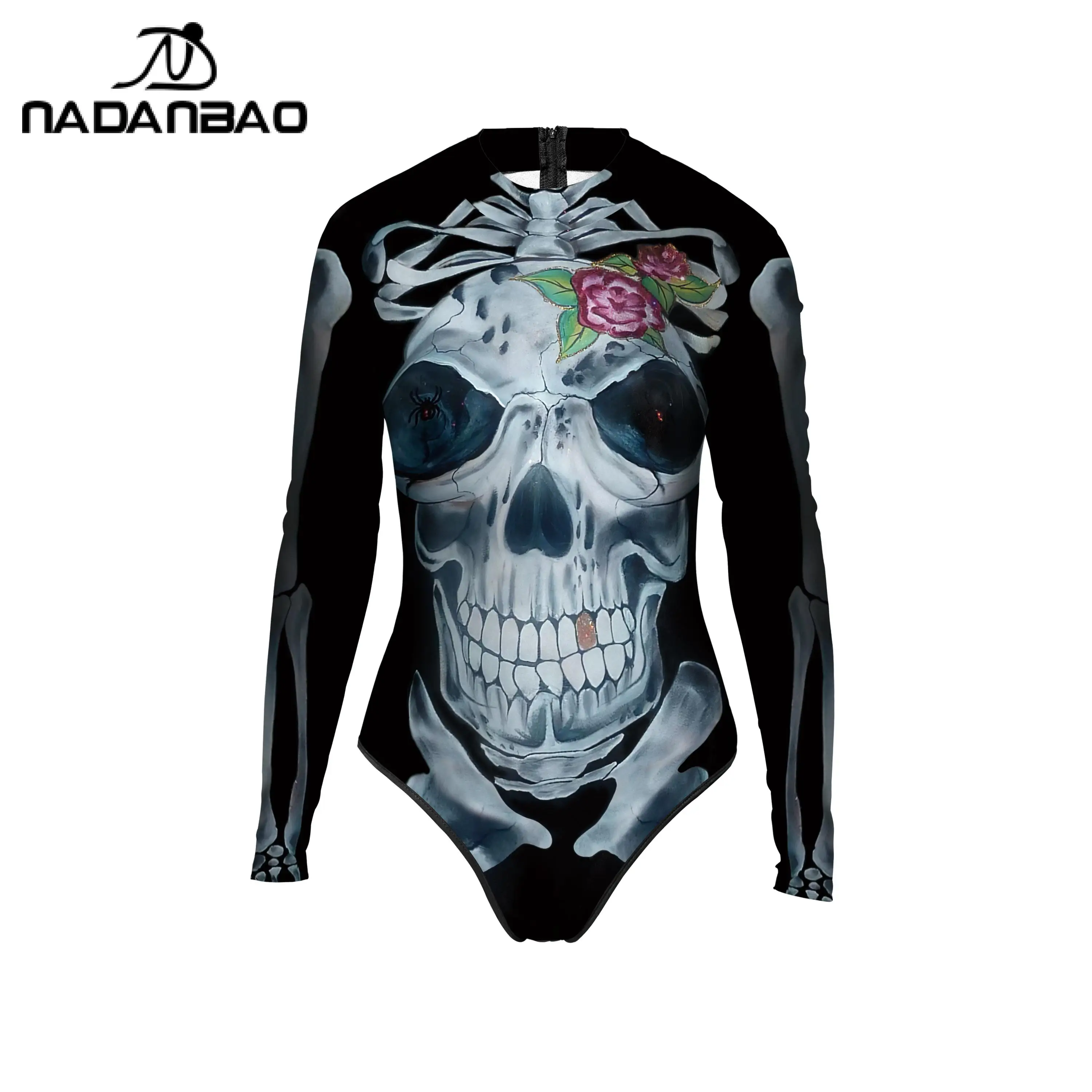 NADANBAO Summer Women Swimsuits One Piece Suits Halloween Print Party Female Bodysuit Long Sleeve Swimwear Surfing Beachwear