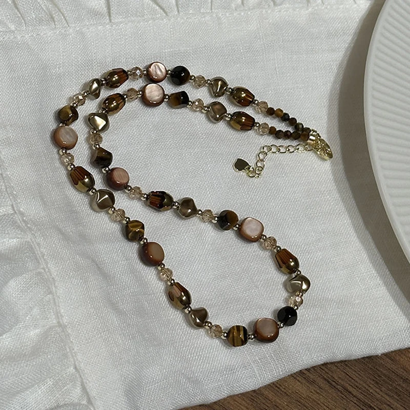 Vintage-Halskette mit braunem, natürlichem Tigeraugenstein für Damen, trendige, handgefertigte Perlenkette, Schmuckgeschenk. – Detail 5